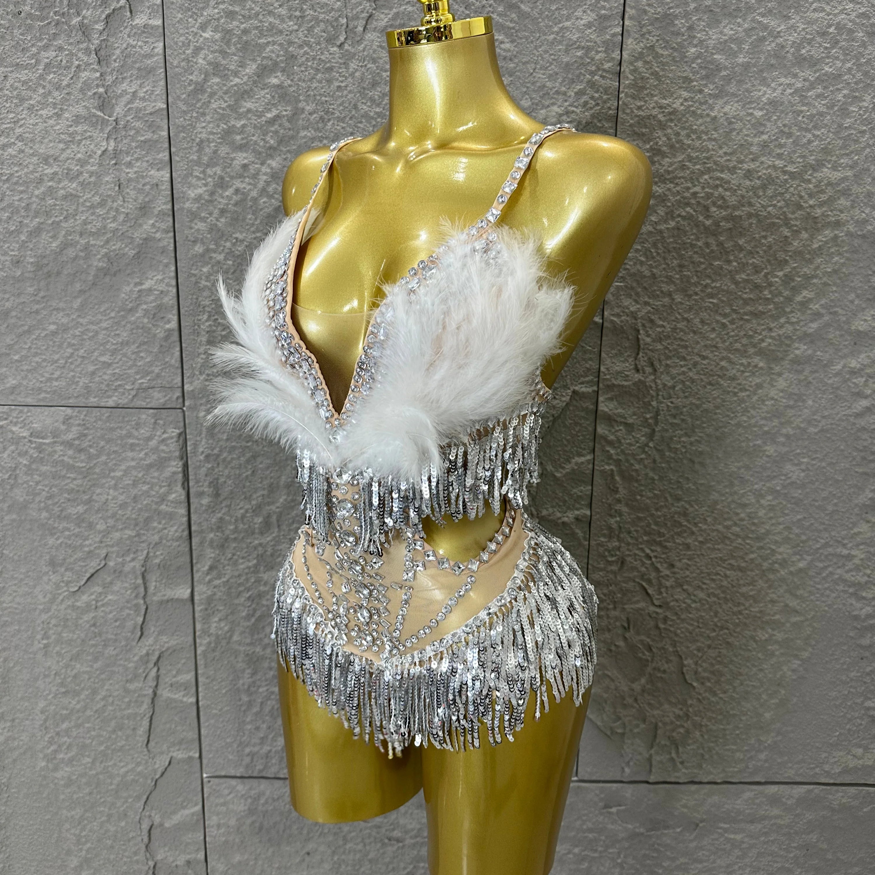 Luxurious Sheer Mesh Bodysuit Women Sexy Crystal Embellished Feather Fringe Trim Spaghetti Strap Outfit Stage Performance Outfit