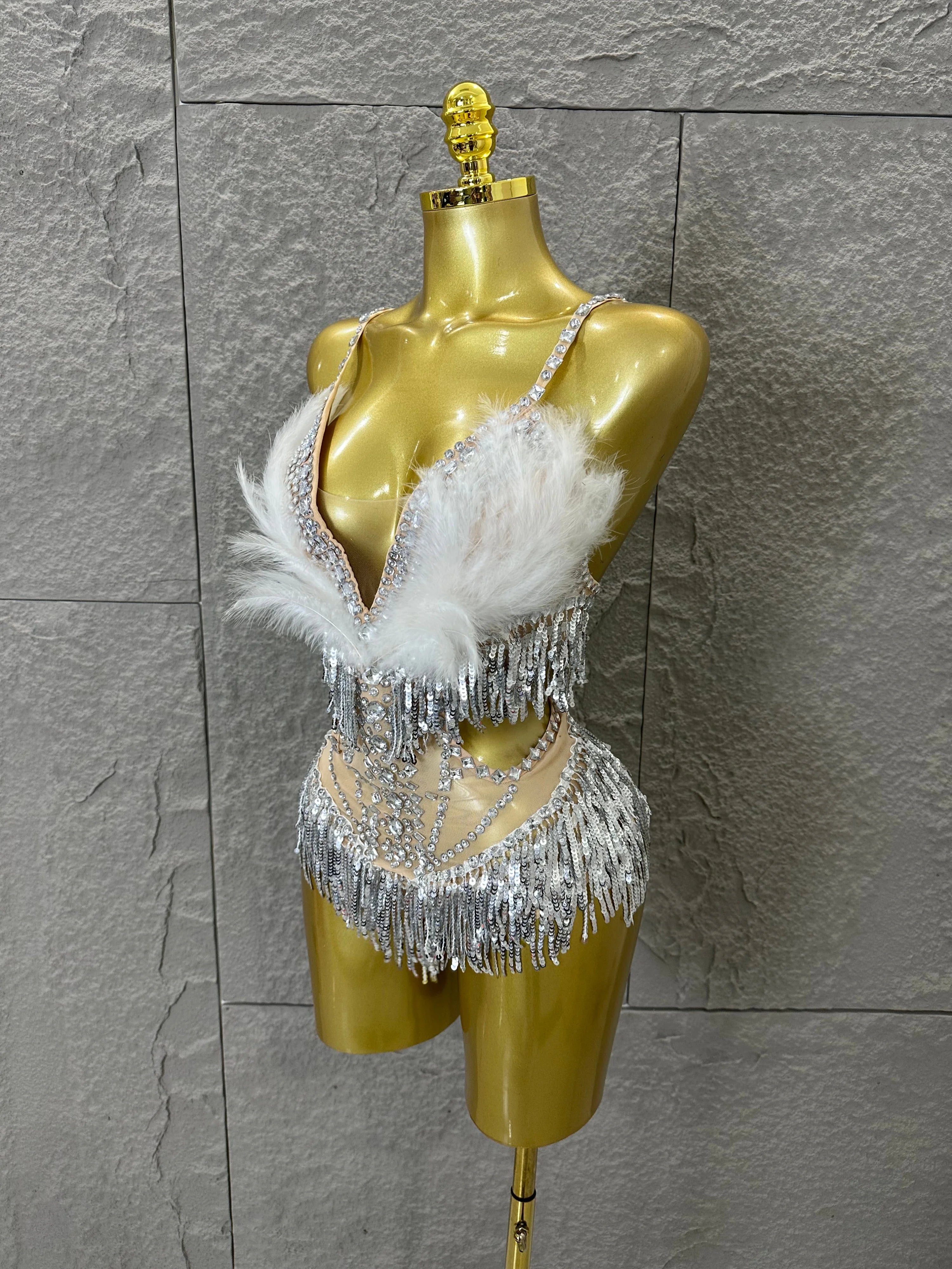 Luxurious Sheer Mesh Bodysuit Women Sexy Crystal Embellished Feather Fringe Trim Spaghetti Strap Outfit Stage Performance Outfit
