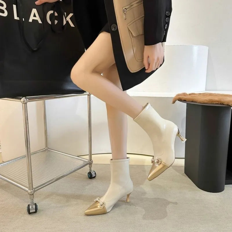 Women's Metal Chain Thin High Heel Pointed Toe Autumn Ankle Boots Metal Belt Rivet Deocration Elegant Ladies Short Boots Hot