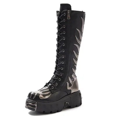 Fashion Women Punk Lace-Up Round Toe Boots For Woman's Thick Bottom Knee High Botas Mujer 2025 Motorcycle Party Platform Shoes long Boots