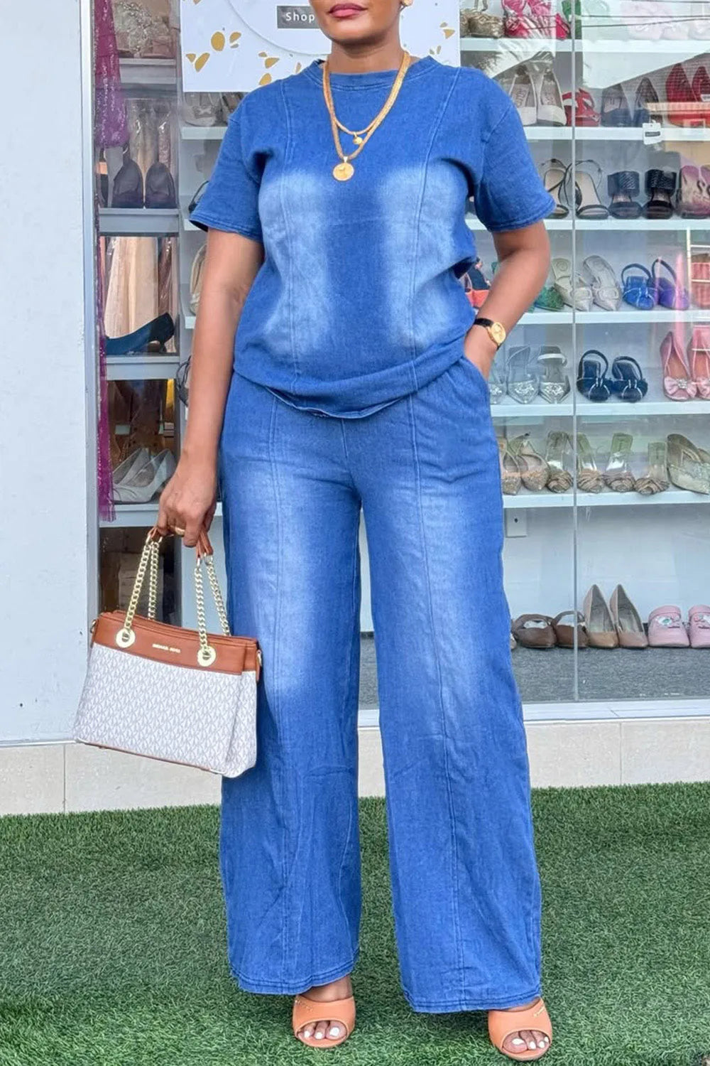 Plus Size Vacation Blue Casual Round Neck Short Sleeve Pocket Tencel Denim Two Piece Pant Sets Blue