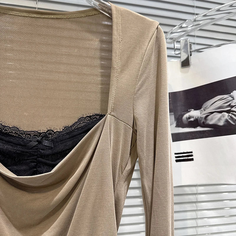 Winter New Niche Design Square Neck Lace Edge Design Long Sleeve Base T-Shirt For Women Slim Fit Top Female 11A07699