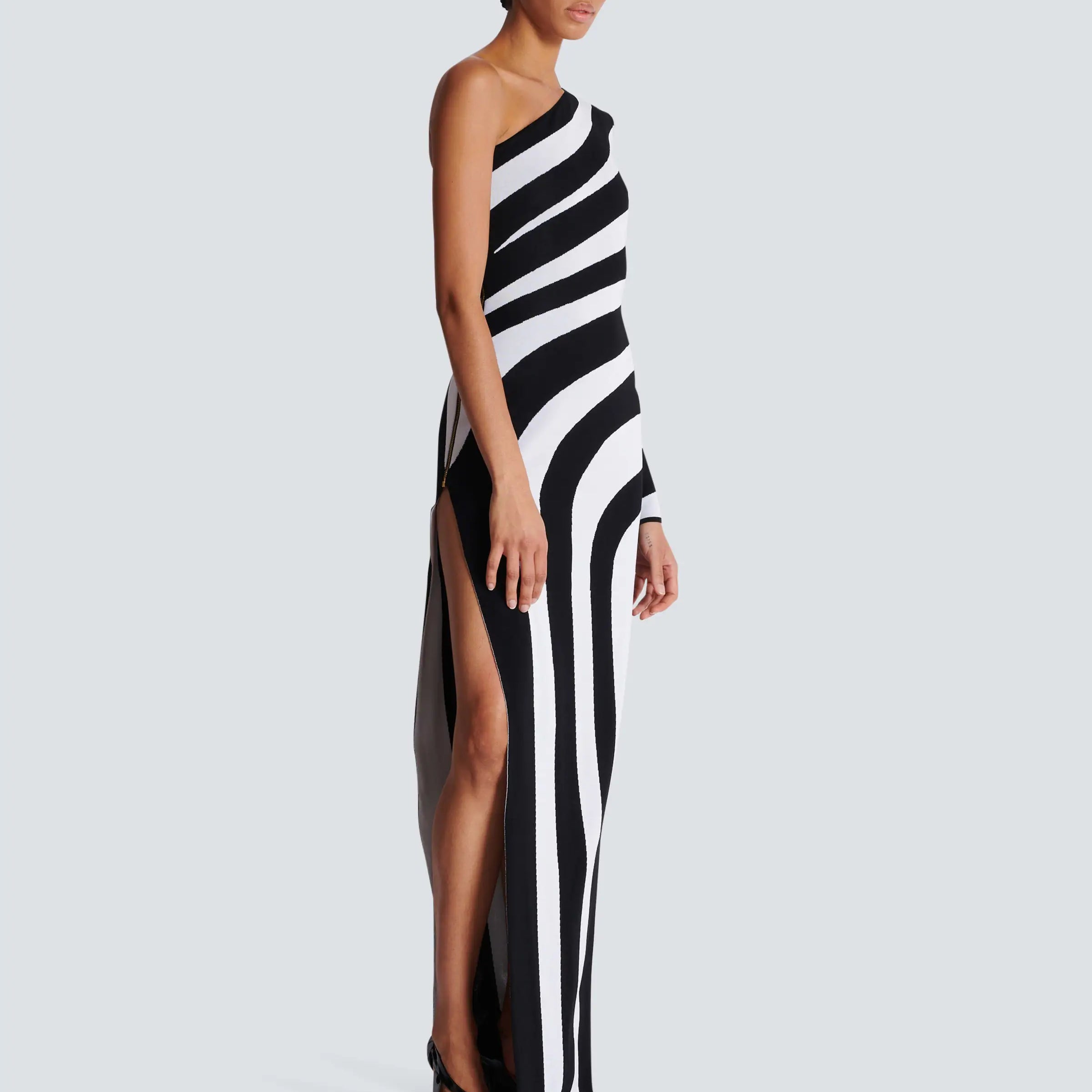Black White Stripes Sexy High Slit One Shoulder Ankle Length Bandage Dress Fashion Woman Evening dress Celebrity Party Outfit