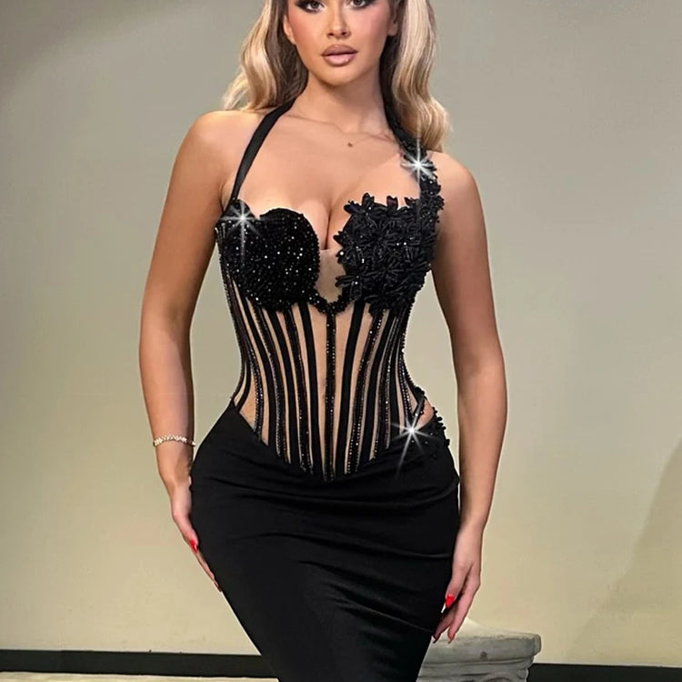 Glamorous Black Halter Sequin Flower Mesh Top Mermaid Dress for Galas Evening Gown