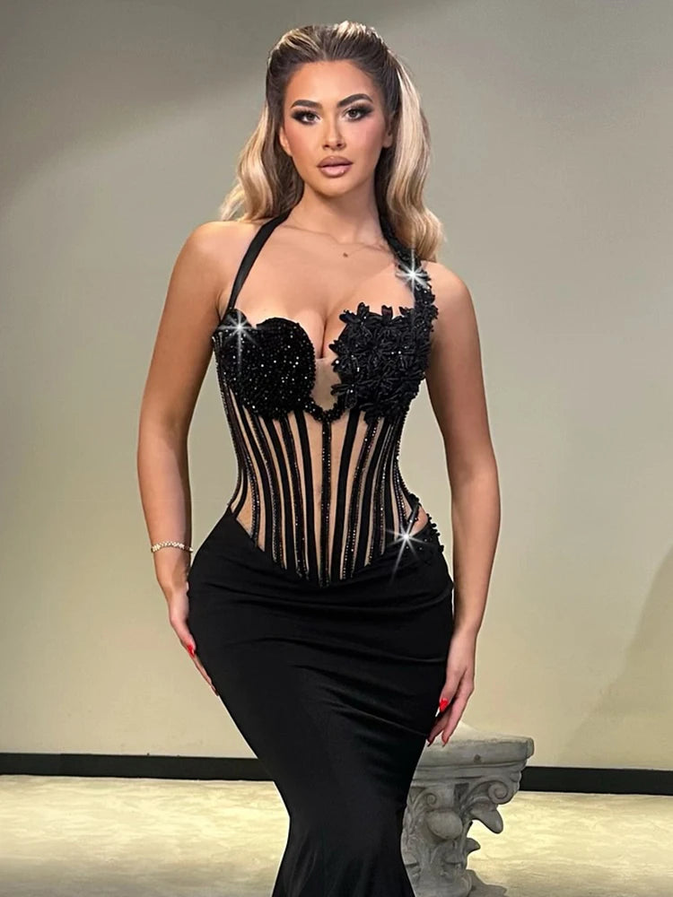 Glamorous Black Halter Sequin Flower Mesh Top Mermaid Dress for Galas Evening Gown