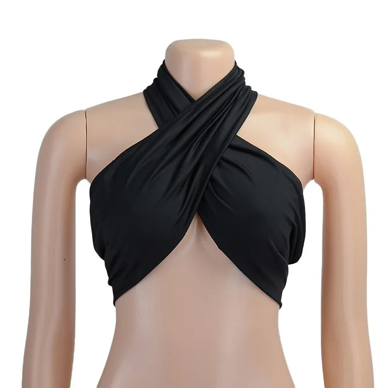 Sexy Tank Top Cross Wrap Off The Shoulder Halter Crop Tops Women Backless Cami Fashion Tube Top Female Sleeveless Cropped Vest black