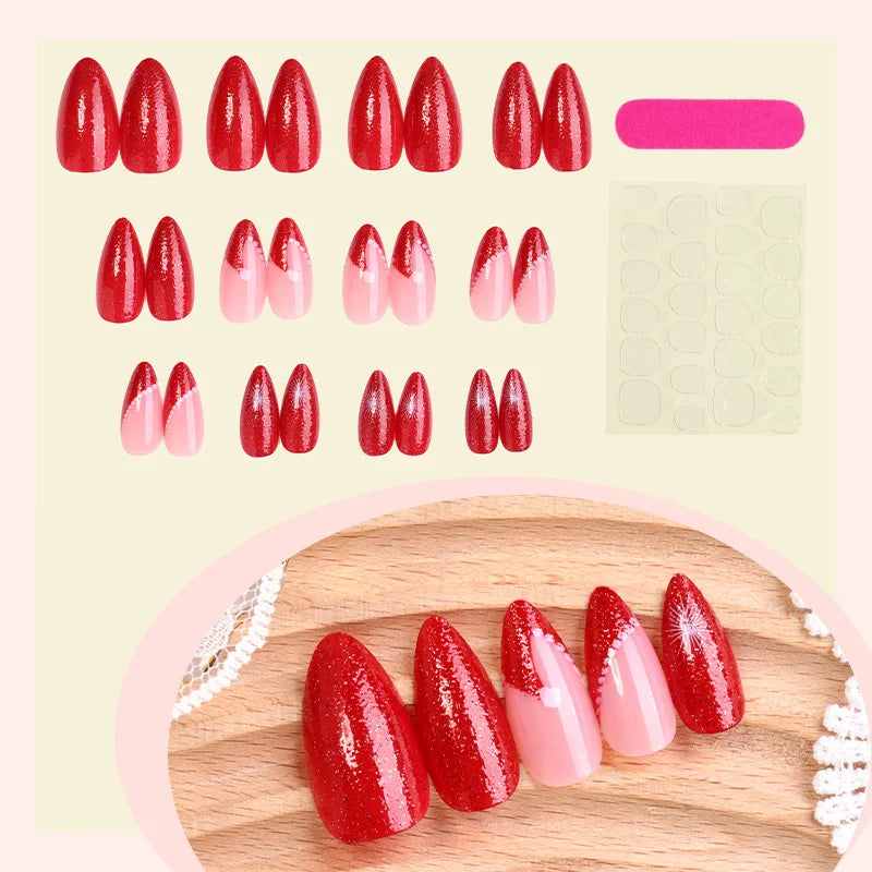 Glossy Red French Fake Nails 24Pcs Almond Press On Nails Xmas Hat Designs Full Cover Acrylic False Nails Patches DIY Manicure