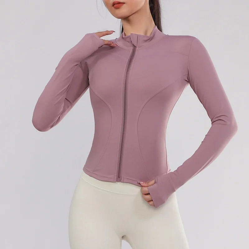 Women Gym Wear Solid Color Quick Drying Yoga Wear High Elasticity Fitness Jacket Ventilated Long Sports Shirt Women's Tracksuit pink gym jacket