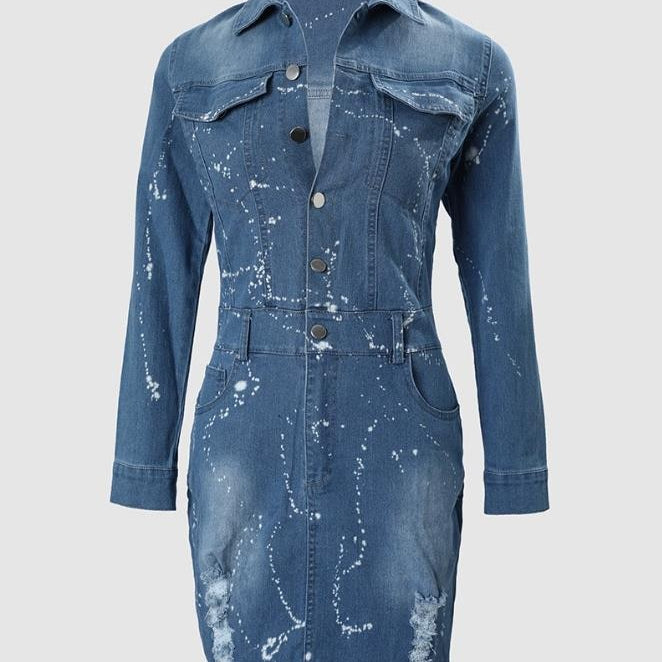Women's Dresses 2024 Spring Fashion Ink Splash Ripped Raw Hem Button Front Casual Turn-Down Collar Long Sleeve Mini Denim Dress