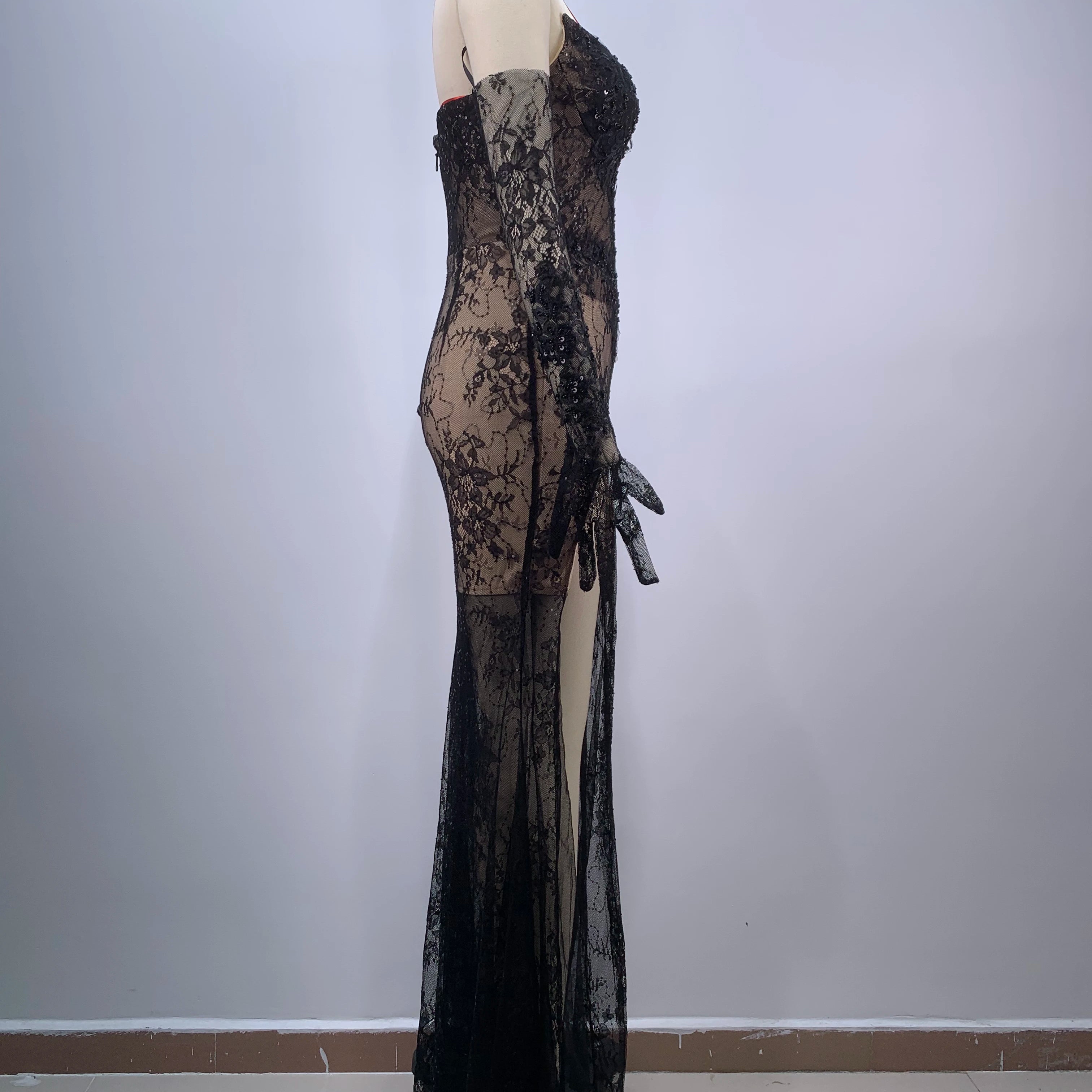 Fashion Gloves Sexy Mesh See Through Black Lace Strapless Midi Calf Dress Birthday Party Evening Dress Celebrity Party Dress