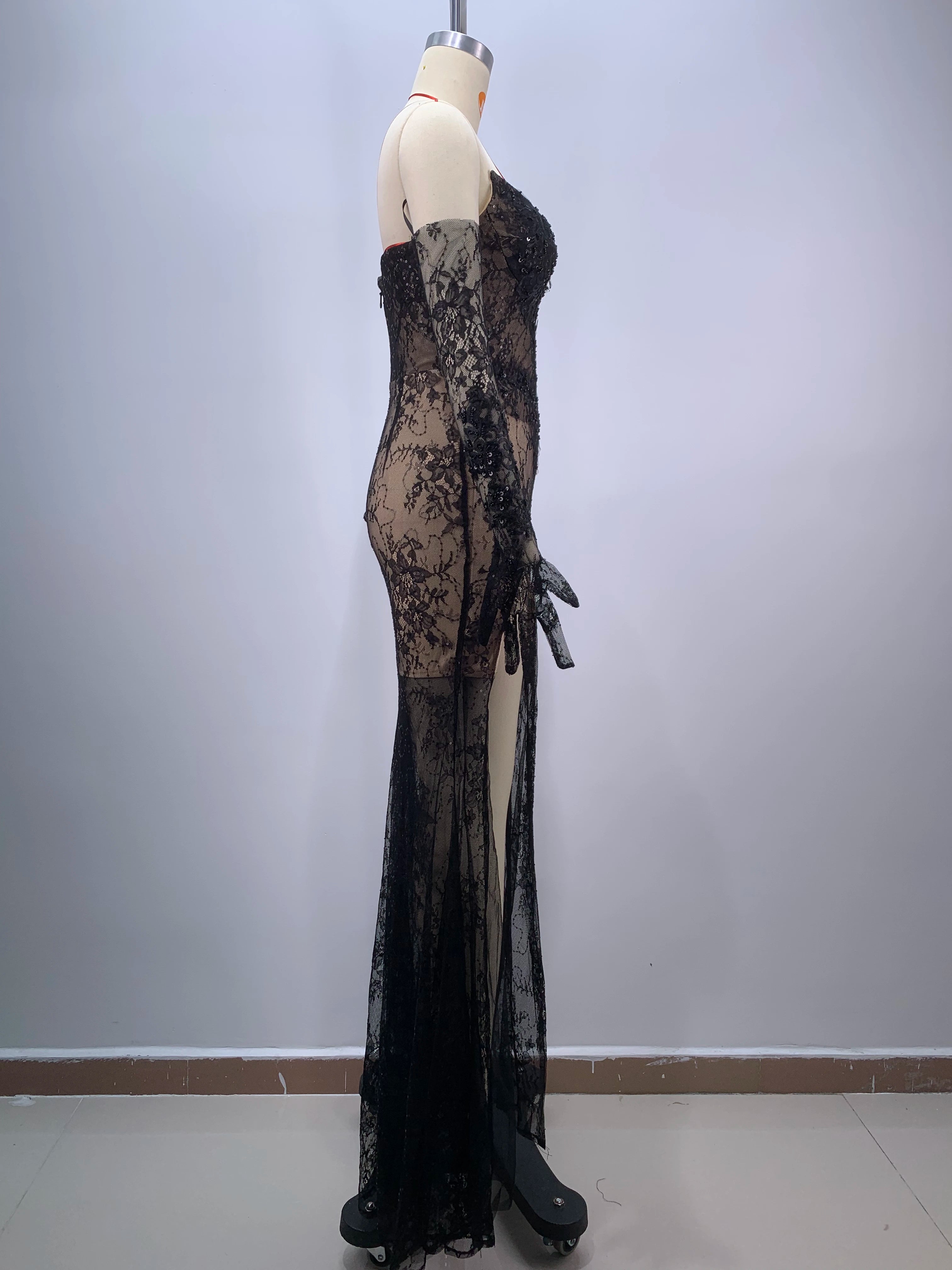 Fashion Gloves Sexy Mesh See Through Black Lace Strapless Midi Calf Dress Birthday Party Evening Dress Celebrity Party Dress