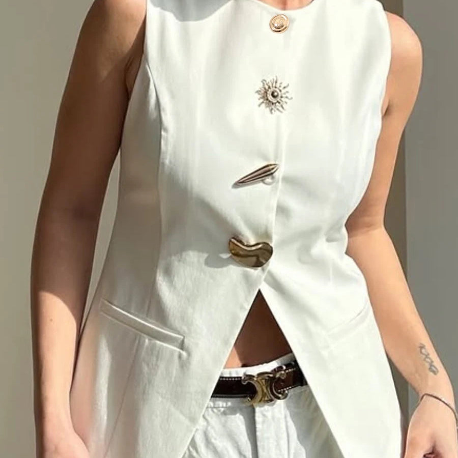 Solid Slimming Split Vests for Women Round Neck Sleeveless Patchwork Irregular Button Fashion Vest Female Clothing