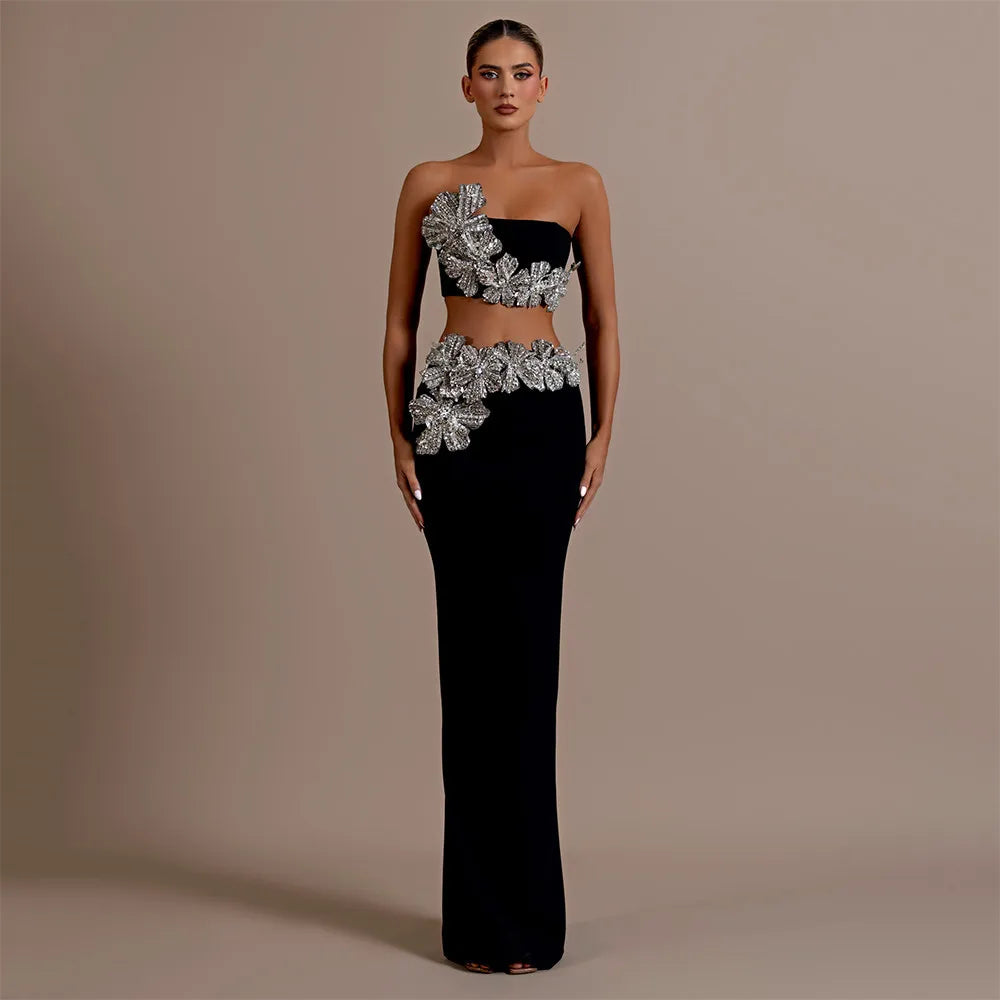Top Women Sexy Off the Shoulder Crystal Tops 2 Pieces Bodycon Bandage Long Dress Celebrate Evening Party Birthday Dress black
