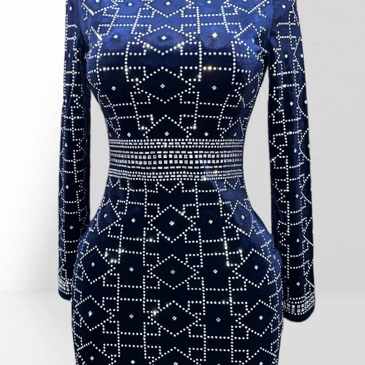 2025 New Dark Blue Velvet Luxury Diamonds O-neck Tuck Waist Mini Dress Fashion Woman Party Dress Celebration Birthday Vestido