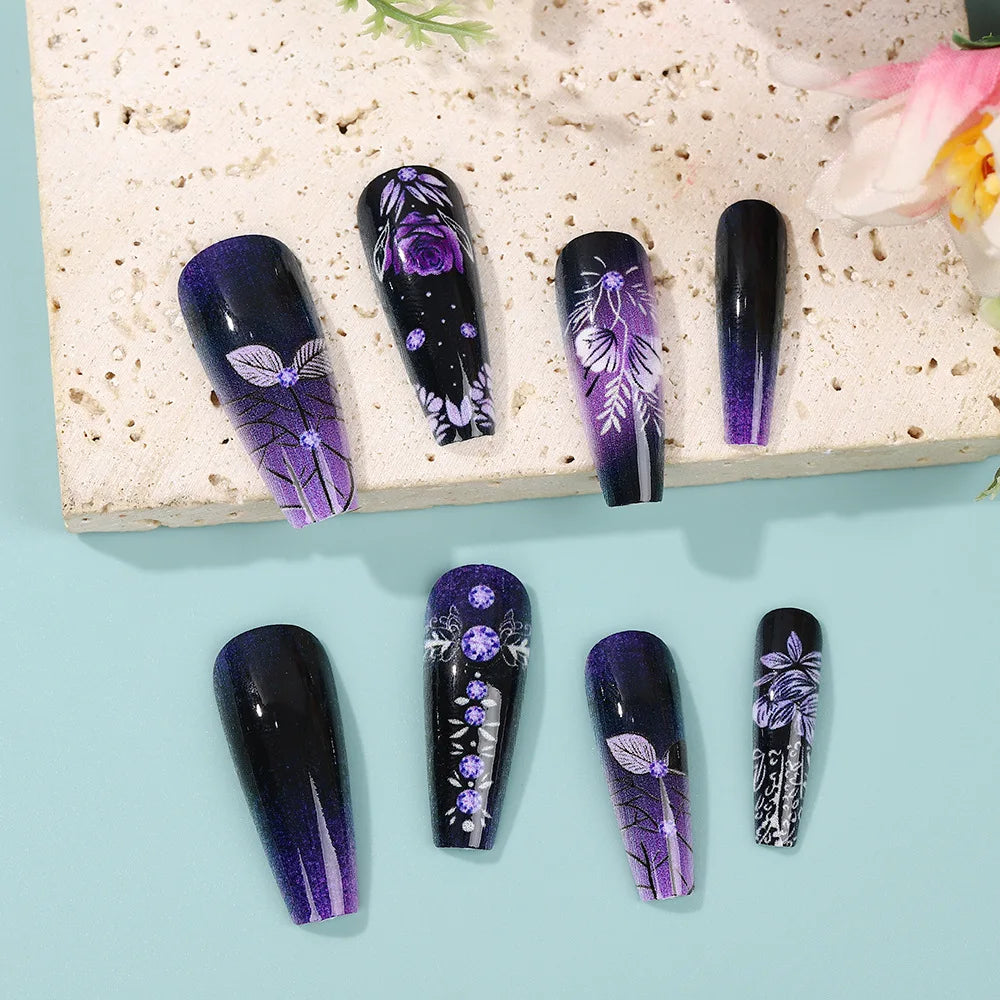 Purple Flower Press on Nails 24Pcs Almond/Coffin Wearable Fake Nails Flower Printed Woman DIY Manicure Acrylic False Nails Tips