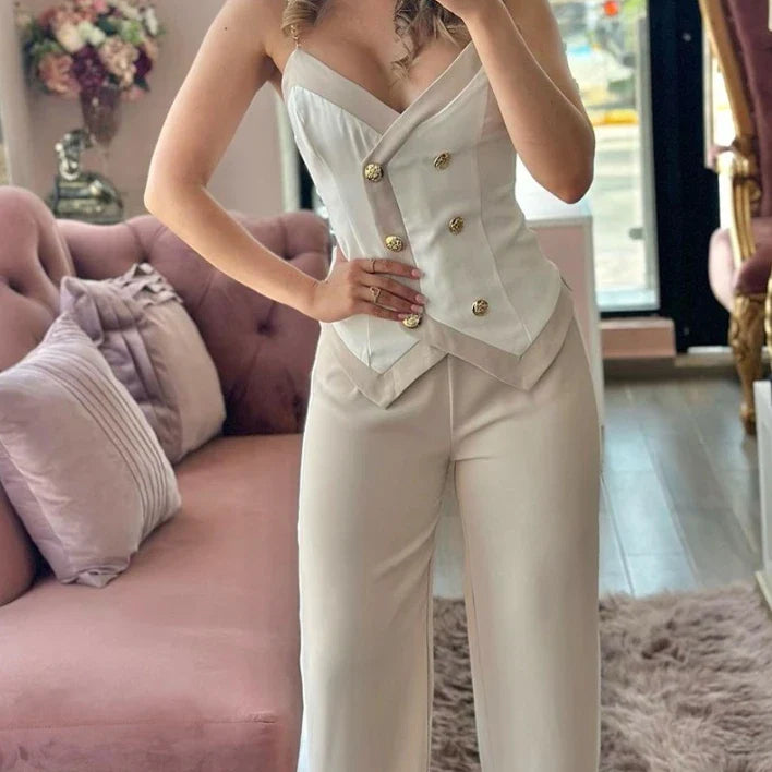 Two Piece Set Women Outfit Summer Fashion Double Breasted Chain Strap V-Neck Cami Top & Casual Daily Straight Leg Pants Set