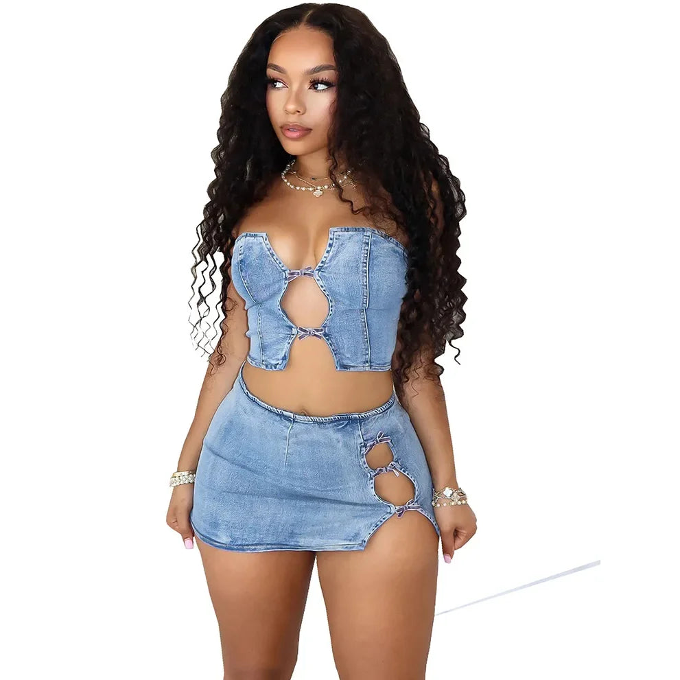 Women Set Sleeveless Denim Strapless Tops and Mini Skirt Suits 2024 Sexy Hollow Out Beach Street Two 2 Piece Set Outfits blue
