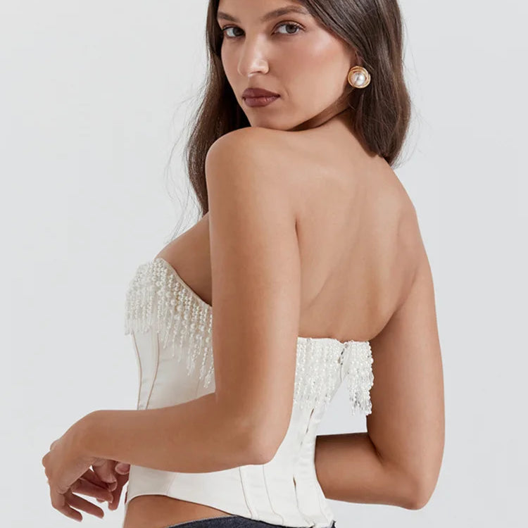 Pearl Tassel Sexy Crop Tops Women Off-shoulder Backless Skinny Corset Tops Femme Satin Fashion Club Party Tops Mujer
