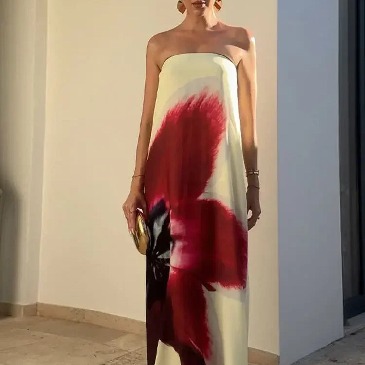 2025 New Floral Printed Strapless Loose Robes Women Sexy Off Shoulder Sleeveless Backless Maxi Dress Fashion Lady Party Vestidos Red