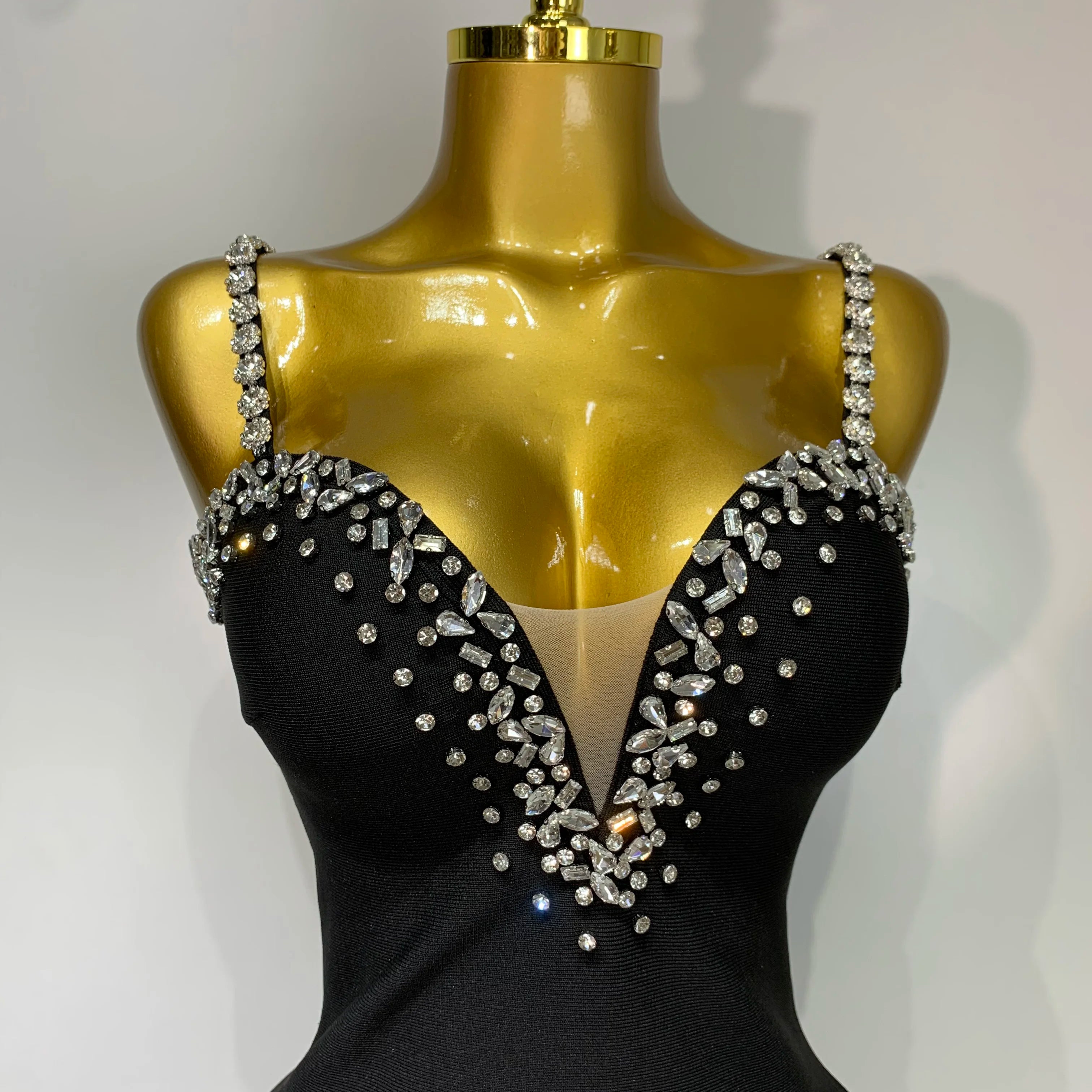 Women Sexy Sling V-neck Black Mini Bodycon Bandage Dress Luxury 2025 Celebrity Evening Club Celebrity Elegant Party Gowns