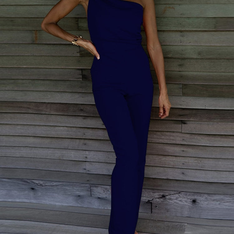 Sexy Backless Sleeveless Jumpsuit Summer Women Elegant Diagonal Collar One Shoulder Playsuits Fashion Solid Slim Ladies Rompers 03 Dark Blue