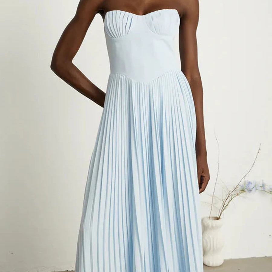 Solid Slimming Elegant Midi Dresses for Women Strapless Sleeveless Patchwork Fold Dress Female Temperament Clothing