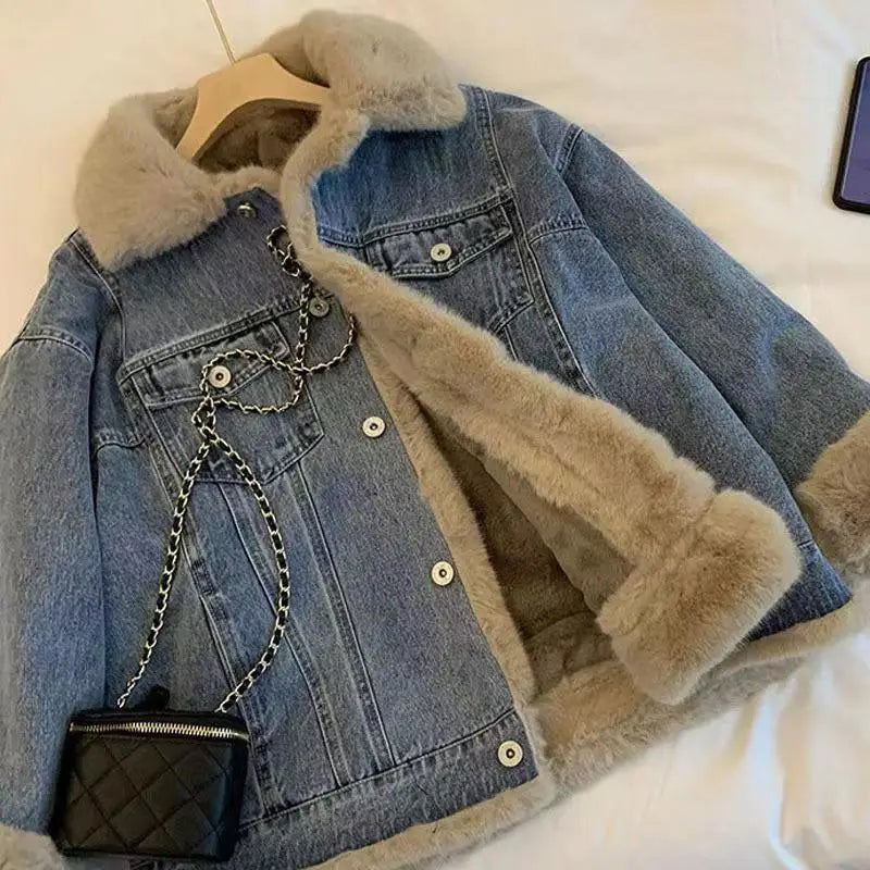Jean Jacket For Women Autumn And Winter New Retro Lamb Wool Casual Loose bf Plush Thick Casual Style Overcome Women Denim Coat Brown Hair