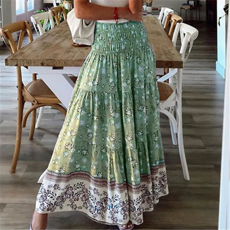 Sweet Style Casual Floral Print Skirts Vestido Summer Women Elastic High Waist Maxi Long Skirts Boho Ladies Holiday Beach Skirts green