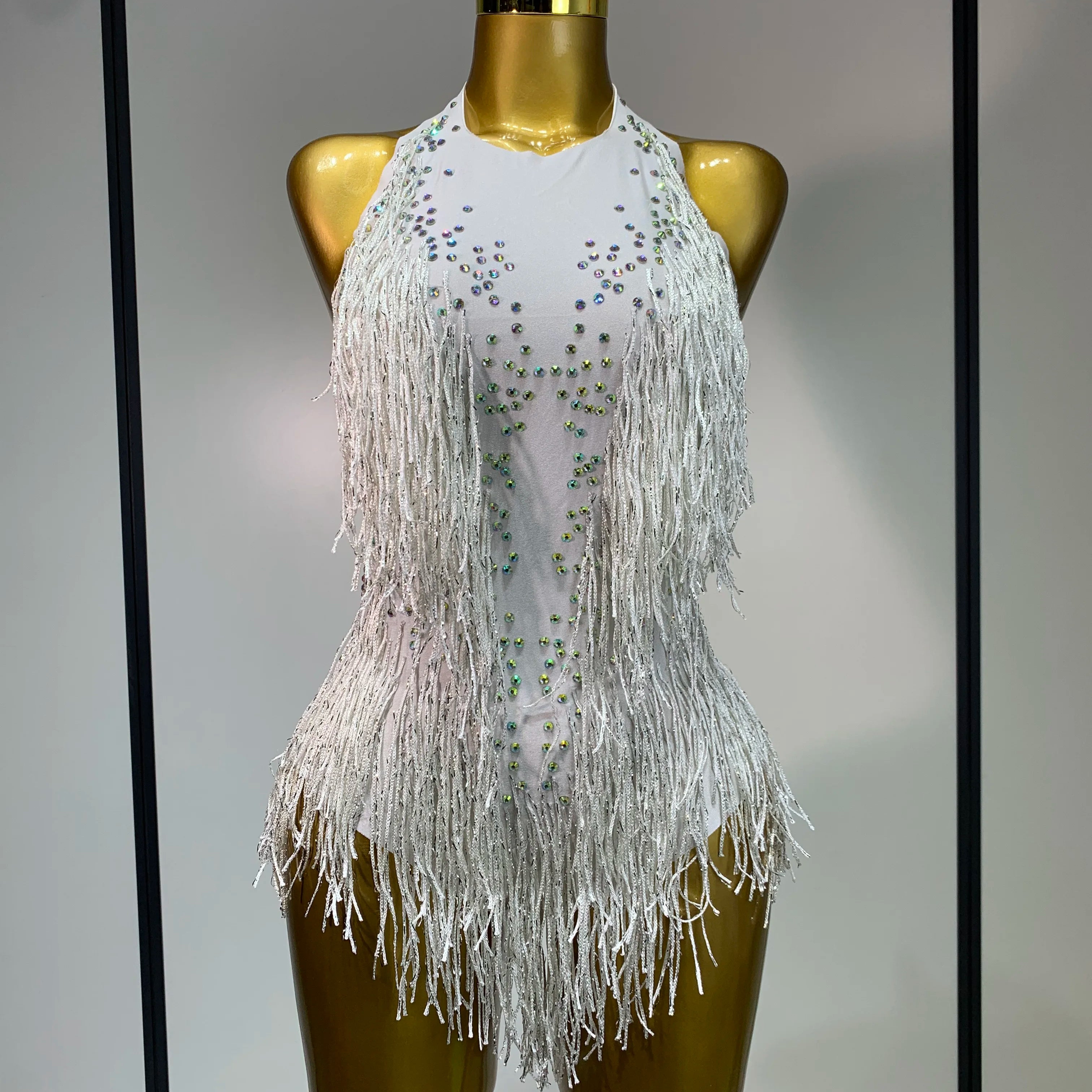Sparkly Rhinestones Fringes Leotard Women Nightclub Evening Party Outfit Dance Costume Stage Outfit Sexy Performance Bodysuit WHITE