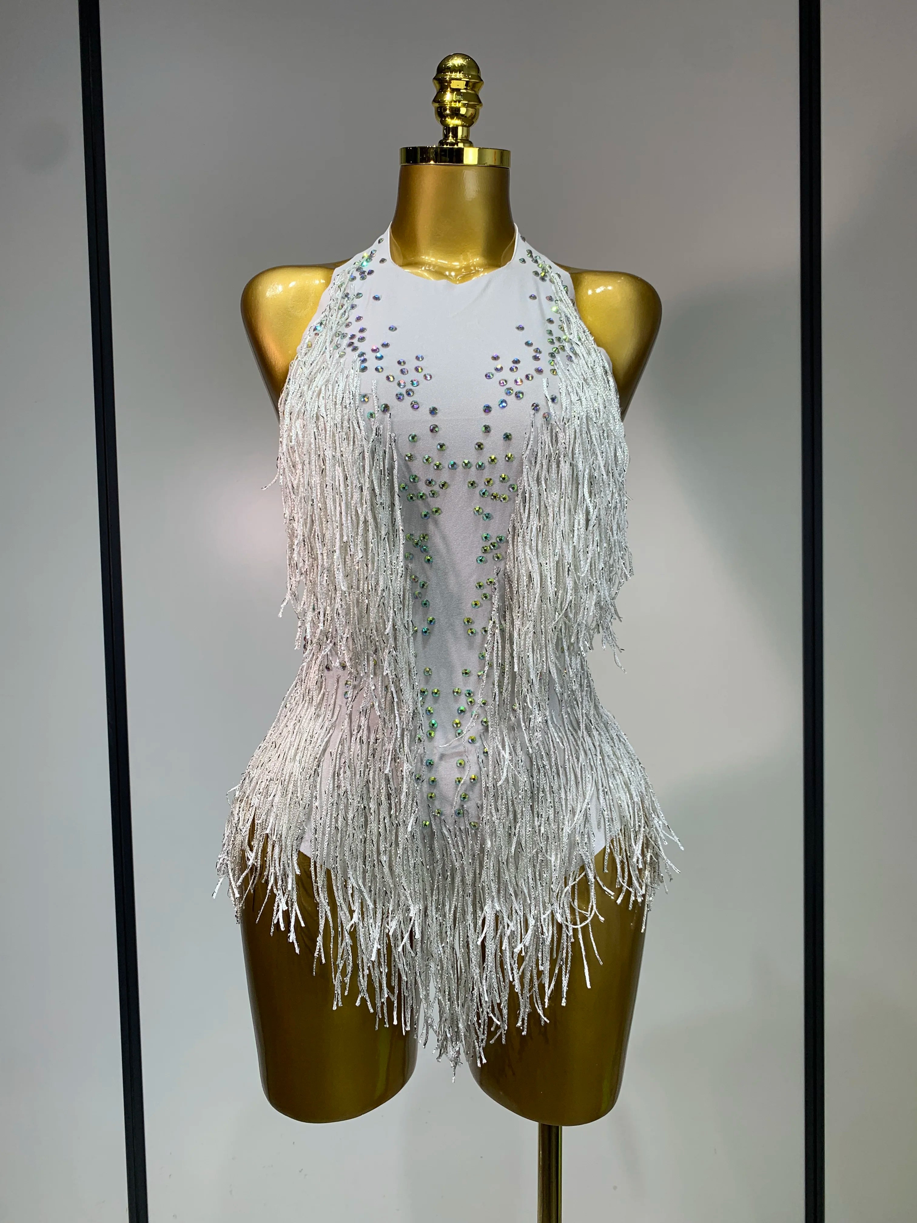 Sparkly Rhinestones Fringes Leotard Women Nightclub Evening Party Outfit Dance Costume Stage Outfit Sexy Performance Bodysuit WHITE