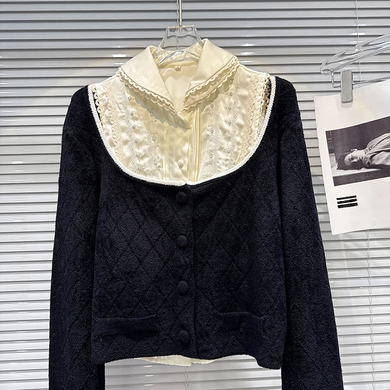 Winter New Sweet Fashionable Lace Turn-Down Collar Vest Elegant Knitted Sweater Two-Piece Set For Women 11A07525