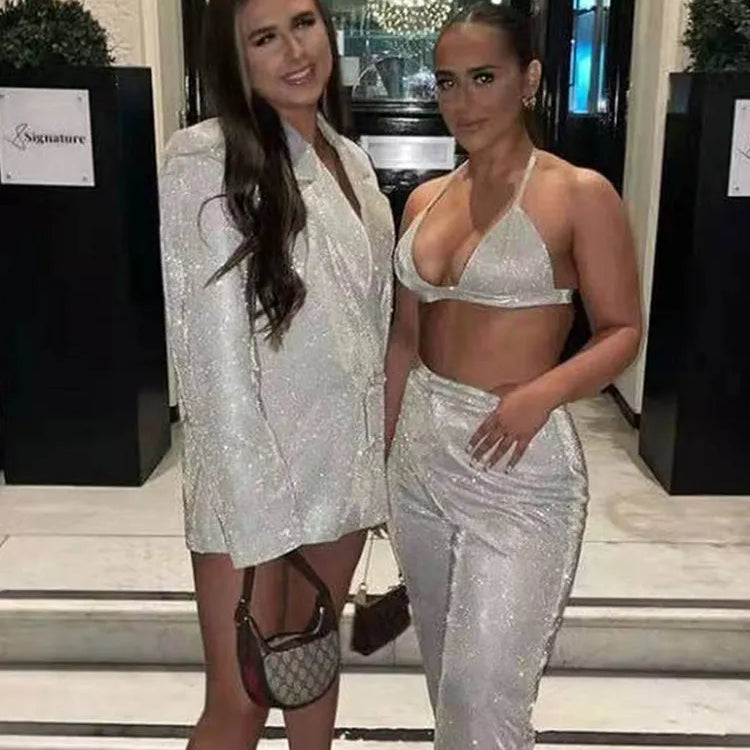 Shiny Pant Suit Women Design Sexy Party Club Blazer Sets With Underwear Fashion 2022 Spring Female Coat And Straight Pants