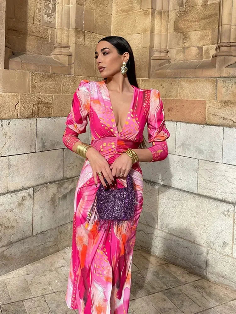 Elegant Tye Die Print Pleated Bodycon Maxi Dress Women Vintage Long Sleeve V-neck A-line Dresses Ladies Holiday Party Robes rose red