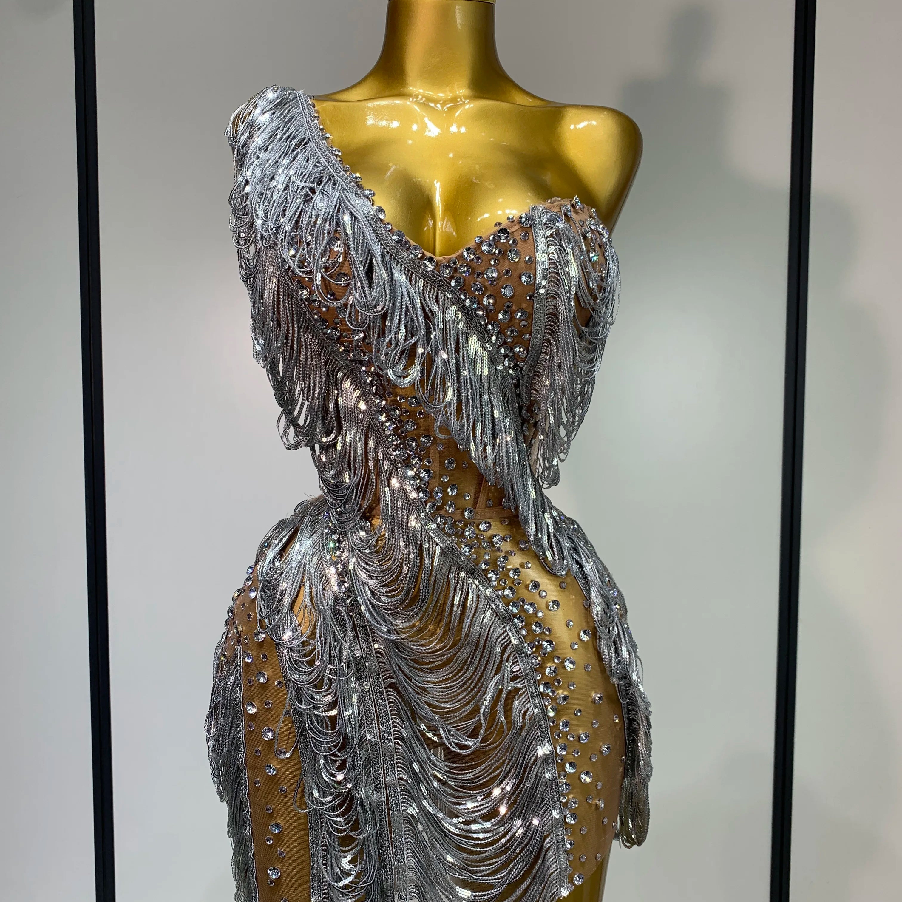 Sparkly Rhinestone Tassel Mesh Dress Nightclub Dance Stage Performance Costume Evening Party One shoulder Nigtclub Mini Dress Silver