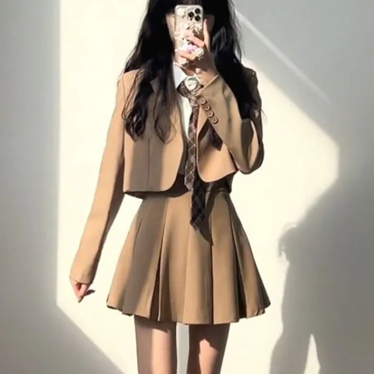 Sets for Women 3 Pieces Autumer Elegant Cardign Suit Coat Shirt Pleated Skirt Sets School Vintage Casual Luxury Korean Fashion