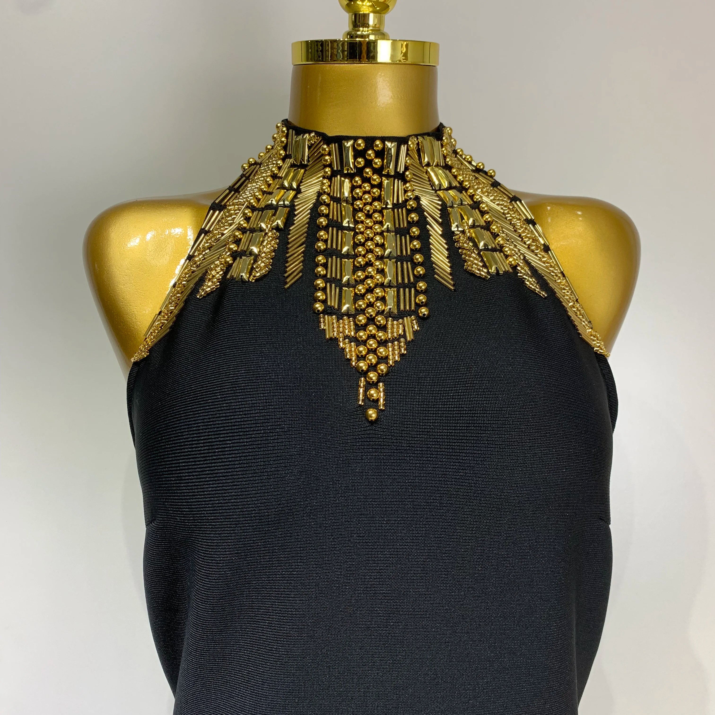 Women Fashion Celebrity Sexy Backless Beading Midi Black Bodycon Bandage Dress 2025 Elegant Evening Club Luxury Birthday Dresses