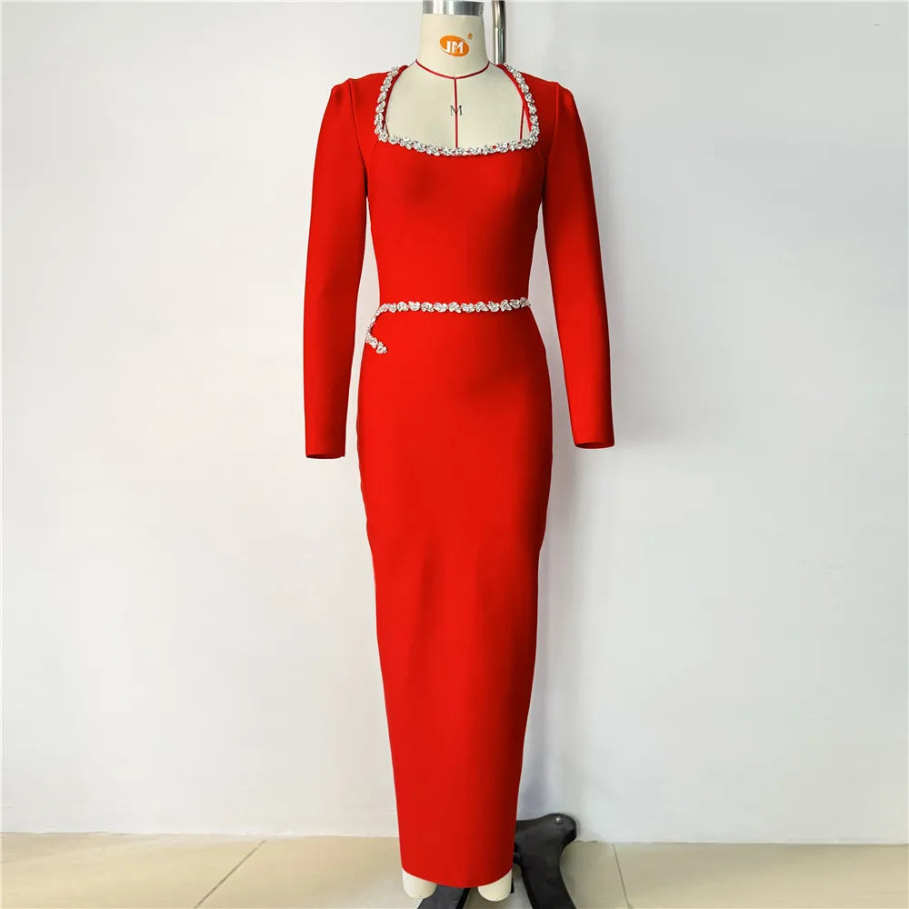 Red Color Women Long Sleeve Square Collar Shinning Crystal Bodycon Long Bandage Dress Celebrate Nightclub Party Outfit