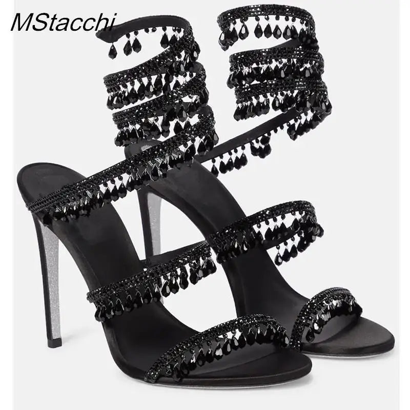 Crystal Wrap Sandals Women Summer 2024 Wedding Shoes High Heel Party Shoes Ankle Strappy Sandals Designer Stiletto Heel Shoes black
