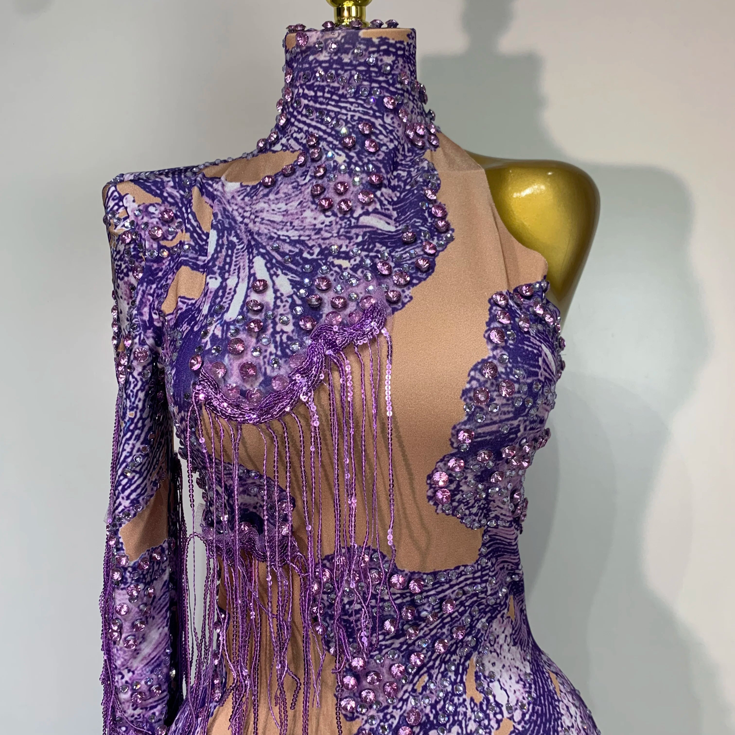 Sexy Sparkly Purple Rhinestones Tassel One Shoulder Sleeve Mini Dress Evening Party Birthday Nightclub Stage Performance Outfit