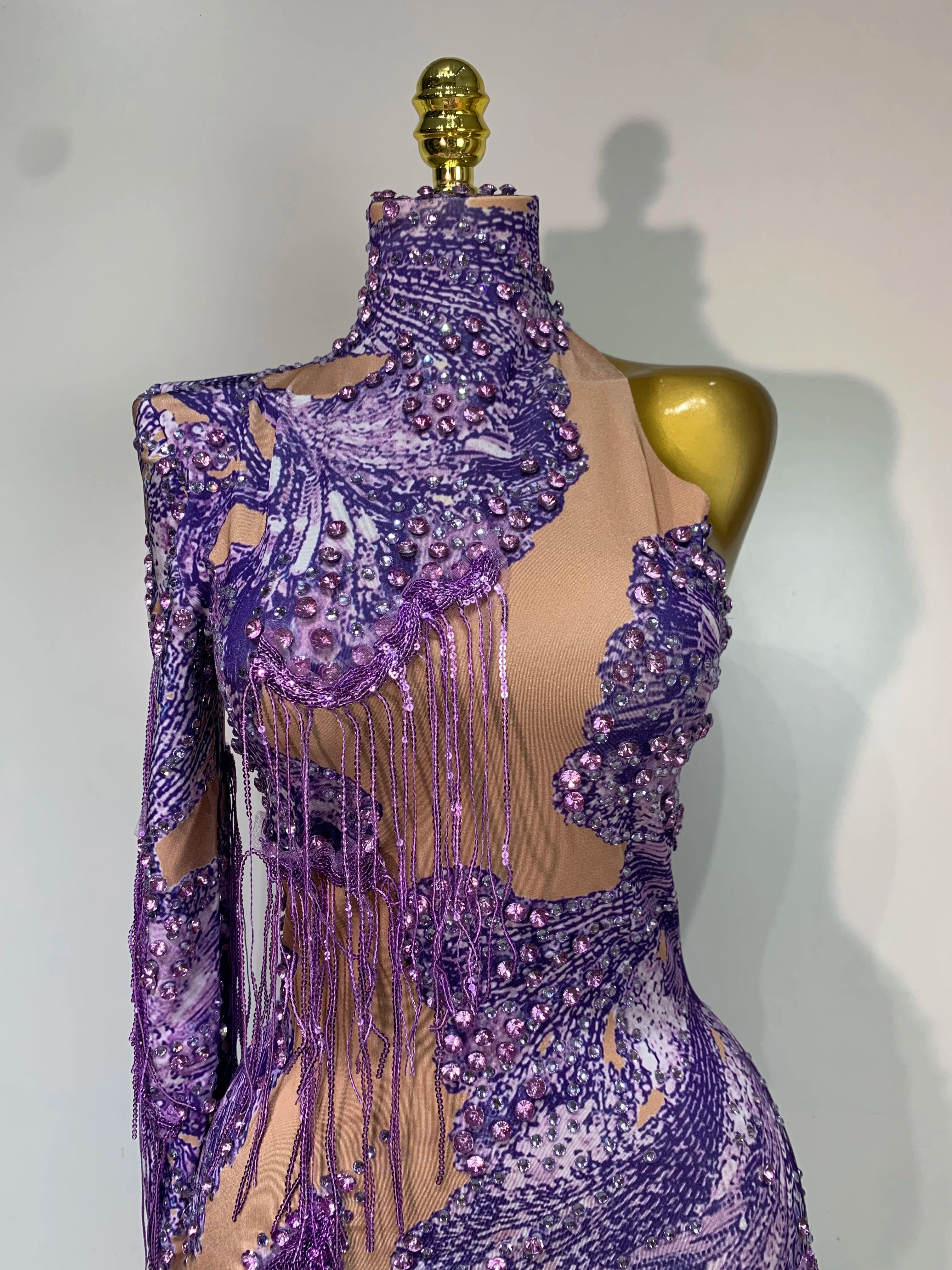 Sexy Sparkly Purple Rhinestones Tassel One Shoulder Sleeve Mini Dress Evening Party Birthday Nightclub Stage Performance Outfit