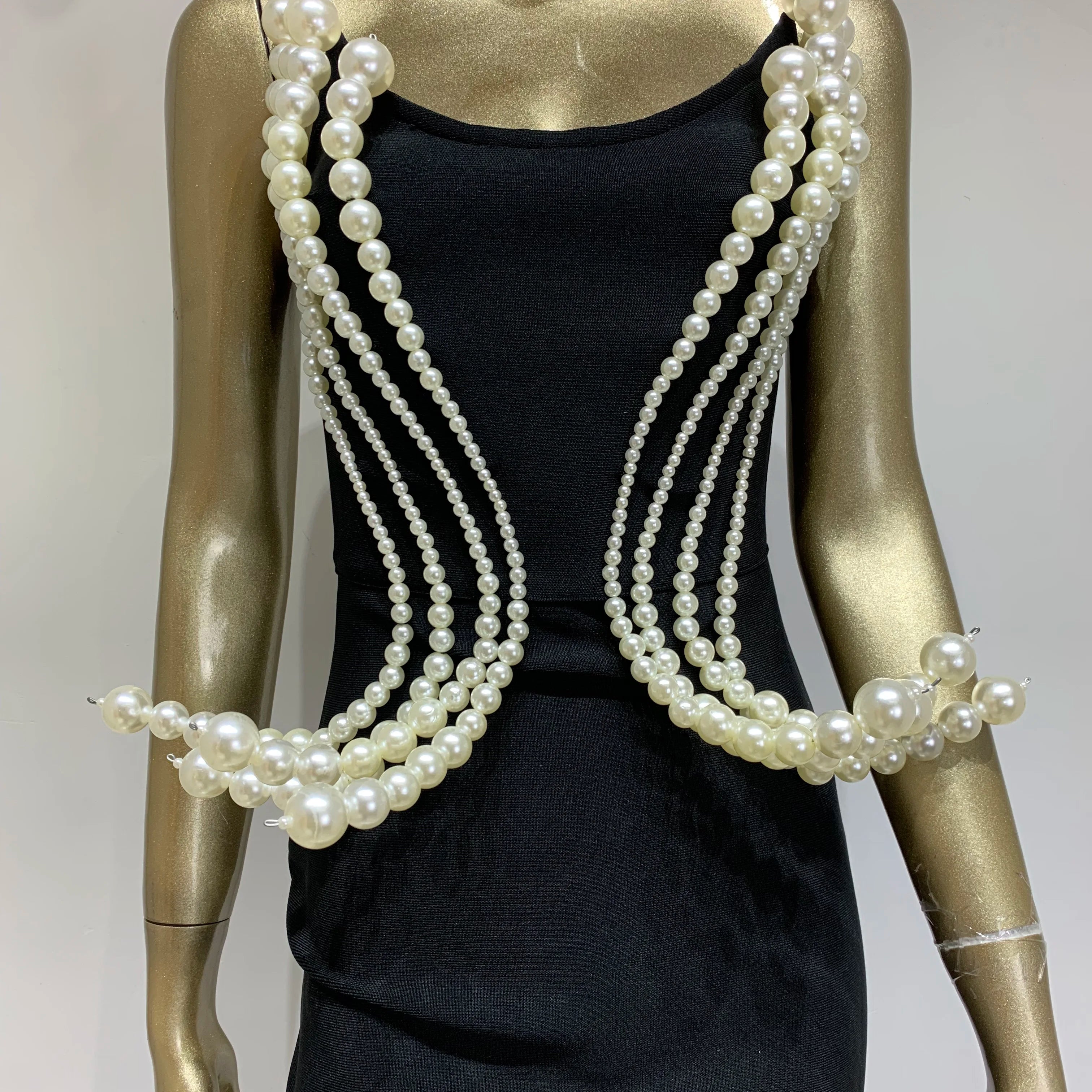 Women Celebrity Sexy Backless Strapless Black Pearl Maxi Long Bandage Bodycon Dress 2025 Elegant Evening Club Party Outfit