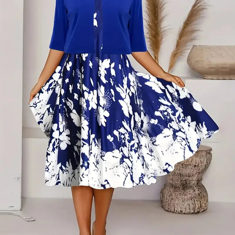 2025 autumn new women's long crewneck printed dress short needle two-piece cardigan short coat DEEP BLUE