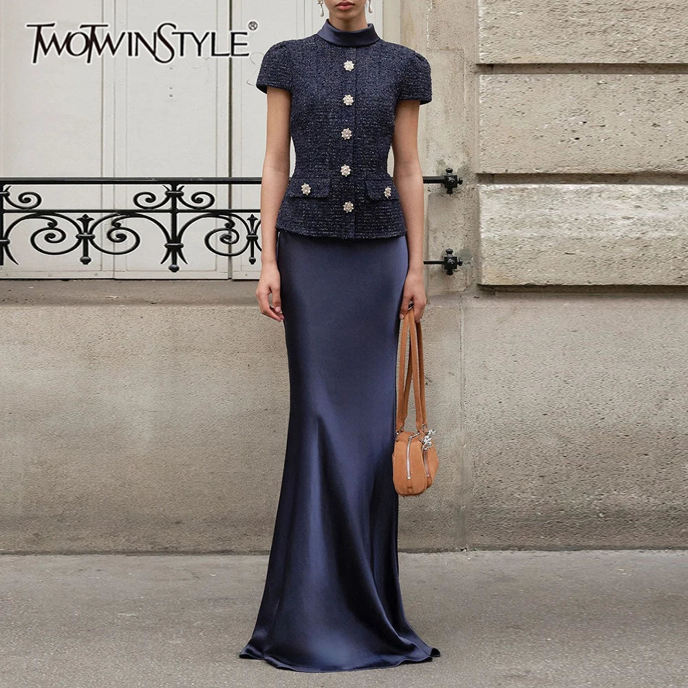 Solid Slimming Two Piece Sets for Women Round Neck Short Sleeves Spliced Button Top High Waist Skirt Set Female New