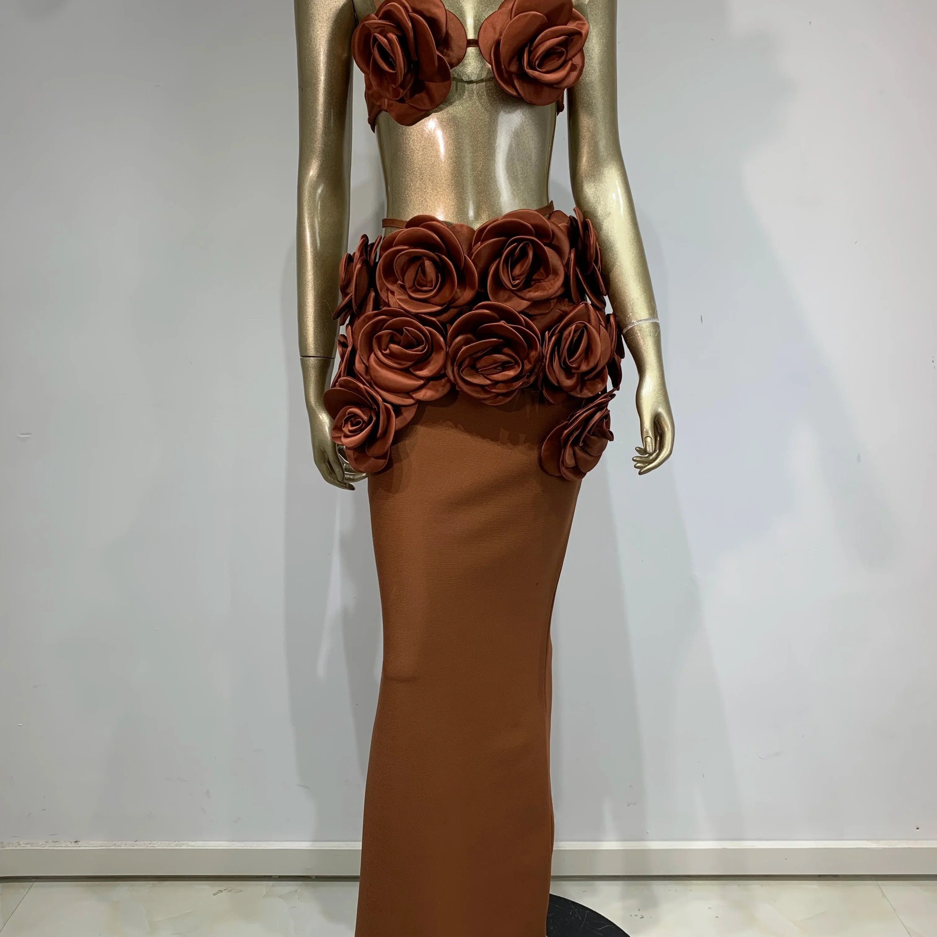 Women Celebrity Sexy Backless Halter Flower Brown Maxi Long Bandage Skirt Set 2025 Knitted Elegant Evening Club Party Clothing