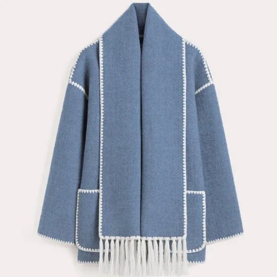 Women Woolen Coats with Tassel Scarf Autumn Winter Long Sleeve Single Breasted Warm Jackets Embroidery Pocket High Street Tops Blue