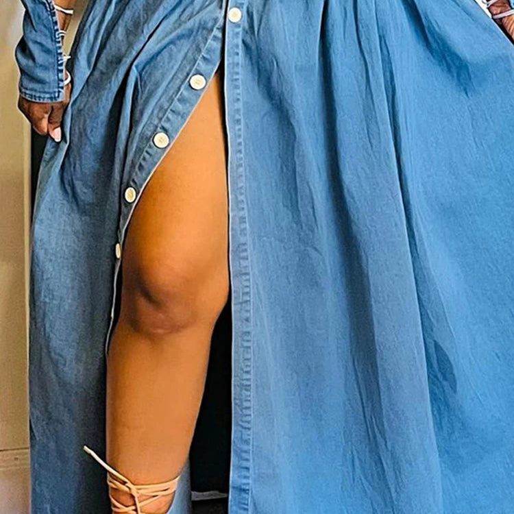 Women Denim Two Piece Set Plus Size Split Hem Off the Shoulder Elegant Puff Sleeve Elastic Top and High Waist Skirt Set Outfits