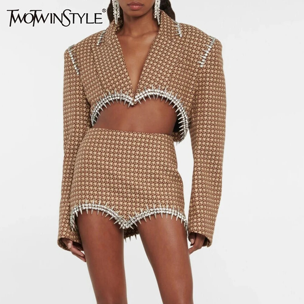 Solid Two Piece Set For Women Notched Collar Long Sleeve Spliced Diamond Blazer High Waist Skirt Casual Set Female