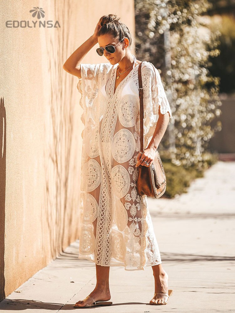 Sexy Kaftan Beach Pareo Beachwear Swim Suit Cover-ups Playa Pareo Beach Tunic See-through