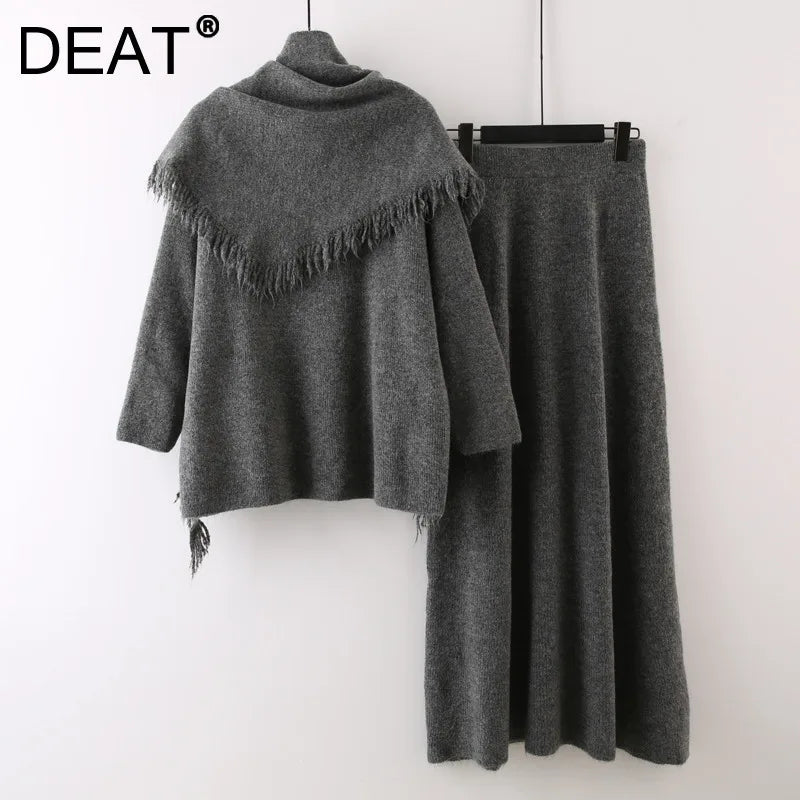 Autumn Winter New Fashion High-End Casual Knitted Set For Women Tassel Shawl Pullover Sweater Skirt Female 11A07539