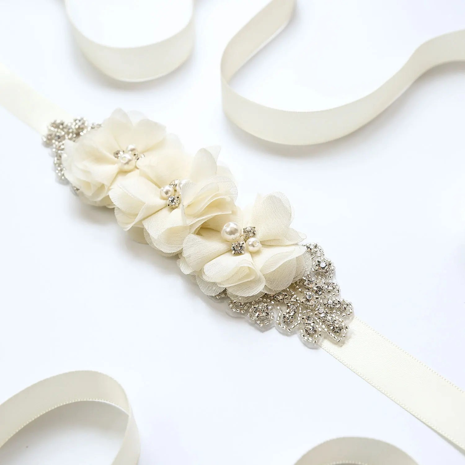 Wedding Accessories Bridal Belts Satin Flower Sash Woman Girl Belts Flower Bead Belts Floral Belt Wedding Rhinestone Flower Belt 2-Ivory
